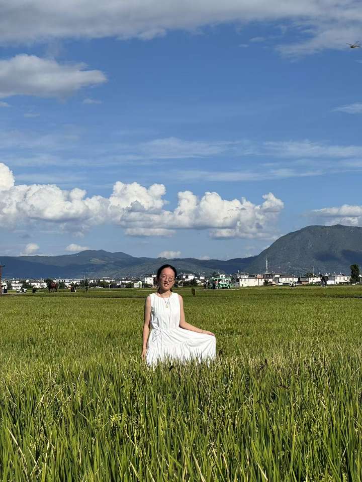 穿白色连衣裙的女生坐在稻田里