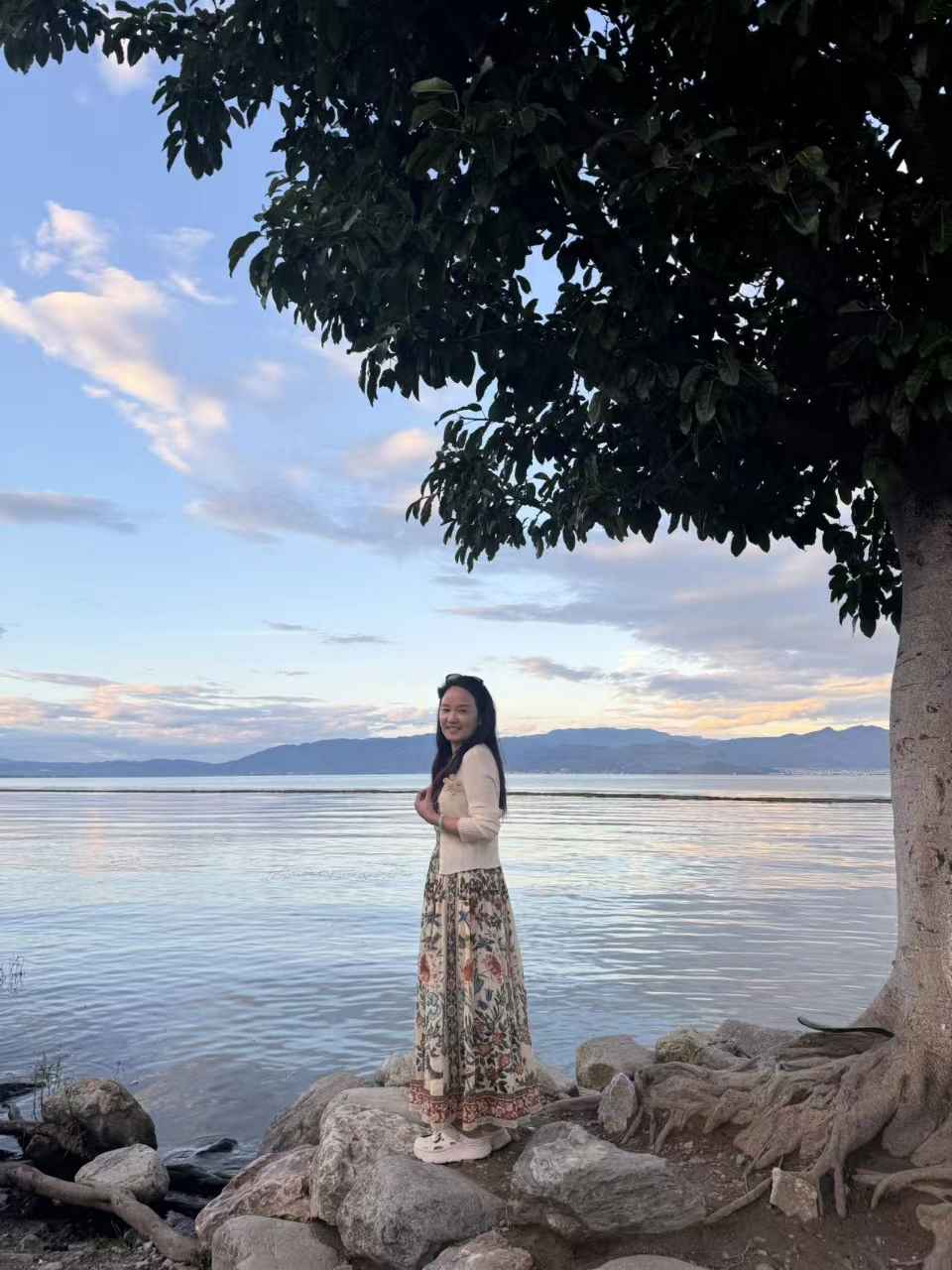 花裙女士站在湖边大树下的岩石上